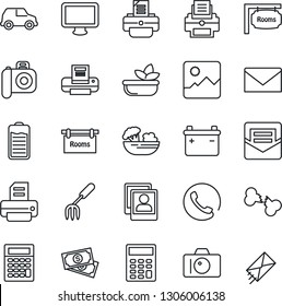 Thin Line Icon Set - camera vector, mail, printer, garden fork, broken bone, cash, monitor, battery, gallery, photo, calculator, rooms, phone, salad, car