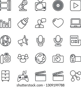 Thin Line Icon Set - camera vector, clapboard, film frame, vinyl, archive chest, microphone, loudspeaker, gamepad, equalizer, video, network, speaker, laptop pc, group, heart, play button, rca, news