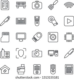 Thin Line Icon Set - camera vector, pen, garden fork, bench, barcode, remote control, touch screen, monitor, radio phone, play button, mobile, sd, sim, wireless, face id, copier, smart home, chip