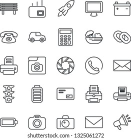 Thin Line Icon Set - camera vector, mail, printer, bench, traffic light, monitor, chain, battery, mobile, photo gallery, calculator, phone, salad, rocket, car, advertising