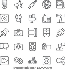 Thin Line Icon Set - camera vector, film frame, archive chest, antenna, news, loudspeaker, gamepad, video, remote control, network, speaker, radio phone, chain, finger down, paper pin, fast forward