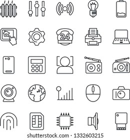 Thin Line Icon Set - camera vector, mouse, notebook pc, bulb, earth, 24 hours, radio, speaker, settings, low battery, phone back, calculator, sim, face id, fingerprint, cellular signal, printer, web