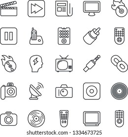 Thin Line Icon Set - camera vector, brainstorm, satellite antenna, clapboard, vinyl, flame disk, news, tv, remote control, monitor, radio phone, chain, pause button, fast forward, rec, rca