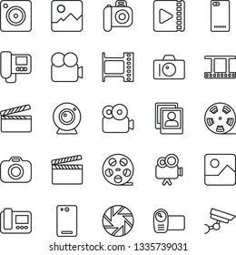 Thin Line Icon Set - camera vector, clapboard, film frame, reel, video, phone back, mobile, gallery, photo, web, intercome, surveillance