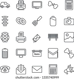 Thin Line Icon Set - camera vector, mail, printer, garden fork, bench, broken bone, traffic light, monitor, chain, battery, gallery, calculator, rooms, phone, car, advertising