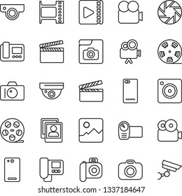 Thin Line Icon Set - camera vector, clapboard, film frame, reel, video, phone back, mobile, gallery, photo, web, intercome, surveillance