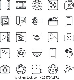 Thin Line Icon Set - camera vector, clapboard, film frame, reel, video, phone back, mobile, gallery, photo, web, intercome, surveillance