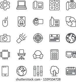 Thin Line Icon Set - camera vector, mouse, tree, earth, settings, video, cell phone, radio, speaker, torch, application, calendar, calculator, target, notebook pc, cushioned furniture, chip