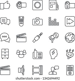 Thin Line Icon Set - camera vector, brainstorm, clapboard, film frame, archive chest, microphone, speaker, equalizer, video, remote control, network, dialog, radio phone, group, finger up, record