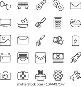 Thin Line Icon Set - camera vector, mail, printer, garden fork, bench, broken bone, cash, traffic light, monitor, chain, gallery, calculator, salad, battery, rocket, advertising