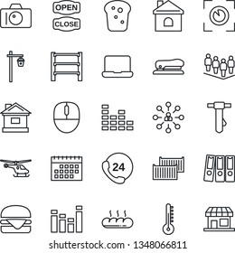 Thin Line Icon Set - camera vector, helicopter, hierarchy, team, mouse, tie, house, garden light, 24 hours, cargo container, rack, equalizer, calendar, paper binder, notebook pc, stapler, bread