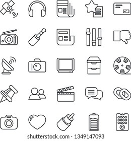 Thin Line Icon Set - camera vector, satellite antenna, clapboard, reel, radio, news, settings, tv, dialog, headphones, chain, group, finger down, favorites list, heart, paper pin, battery, mail, rca
