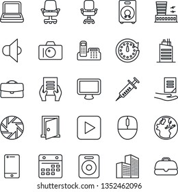 Thin Line Icon Set - camera vector, airport building, mouse, document, syringe, speaker, cell phone, monitor, play button, mobile, calendar, case, office, chair, notebook pc, city house, door, clock