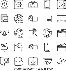 Thin Line Icon Set - camera vector, clapboard, film frame, reel, video, phone back, mobile, photo gallery, web, intercome, surveillance