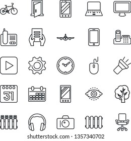 Thin Line Icon Set - camera vector, plane, mobile phone, mouse, notebook pc, document, calendar, tree, bike, headphones, monitor, radio, play button, settings, torch, eye id, clock, office, radiator