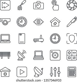 Thin Line Icon Set - camera vector, calculator, garden fork, bench, clock, satellite antenna, touch screen, laptop pc, play button, fast forward, phone back, mobile, tuning, face id, eye, notebook