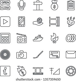 Thin Line Icon Set - camera vector, mobile phone, brainstorm, fire, scalpel, signpost, sea shipping, film frame, vinyl, flame disk, radio, microphone, play button, calculator, cellular signal, mail