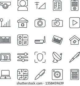 Thin Line Icon Set - camera vector, calculator, pen, notebook pc, barcode, satellite antenna, play button, mobile, tuning, sim, face id, cellular signal, smart home, chip, remote control, router
