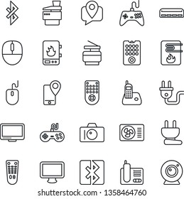 Thin Line Icon Set - camera vector, mouse, mobile tracking, gamepad, remote control, monitor, radio phone, bluetooth, copier, air conditioner, power plug, water heater, web