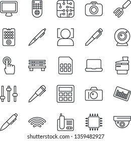 Thin Line Icon Set - camera vector, pen, garden fork, bench, barcode, remote control, touch screen, monitor, radio phone, tuning, calculator, sim, wireless, face id, notebook pc, copier, chip, web