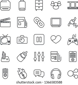 Thin Line Icon Set - camera vector, clapboard, film frame, archive chest, flame disk, satellite, news, gamepad, settings, tv, dialog, headphones, radio phone, chain, group, heart, low battery, rca