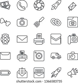 Thin Line Icon Set - camera vector, mail, printer, garden fork, broken bone, cash, traffic light, chain, mobile, photo gallery, battery, phone, rocket, car, advertising