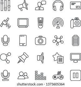 Thin Line Icon Set - camera vector, antenna, satellite, speaker, loudspeaker, gamepad, settings, equalizer, tv, microphone, remote control, cell phone, headphones, monitor, share, group, paper pin