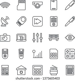 Thin Line Icon Set - camera vector, calculator, pen, notebook pc, bench, satellite antenna, remote control, fast forward, phone back, tuning, sd, sim, wireless, eye id, cellular signal, copier, web