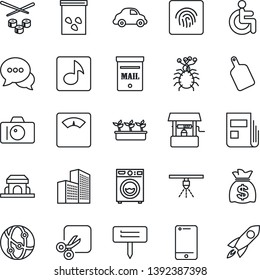 Thin Line Icon Set - camera vector, money bag, seedling, well, plant label, seeds, scales, disabled, virus, car delivery, network, cell phone, dialog, cut, fingerprint id, music, office building