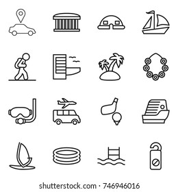 thin line icon set : car pointer, airport building, dome house, sail boat, tourist, hotel, island, hawaiian wreath, diving mask, transfer, golf, cruise ship, windsurfing, inflatable pool