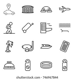 thin line icon set : car pointer, airport building, dome house, plane, tourist, suitcase, hotel, lounger, palm, diving mask, yacht, inflatable mattress, service bell, do not distrub, pool