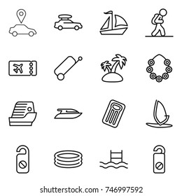 thin line icon set : car pointer, baggage, sail boat, tourist, ticket, suitcase, island, hawaiian wreath, cruise ship, yacht, inflatable mattress, windsurfing, do not distrub, pool