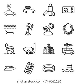 thin line icon set : car pointer, baggage, passenger, ticket, lounger, palm, island, hawaiian wreath, aquapark, diving mask, hotel, transfer, yacht, inflatable mattress, pool