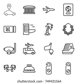 thin line icon set : car pointer, airport building, plane, passport, ticket, hotel, palm, hawaiian wreath, diving mask, transfer, golf, cruise ship, hammock, service bell, do not distrub