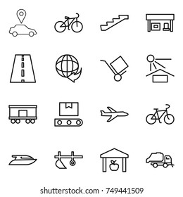 thin line icon set : car pointer, bike, stairs, gas station, road, delivery, trolley, sun potection, railroad shipping, transporter tape, plane, yacht, plow, warehouse, trash truck