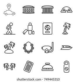 thin line icon set : car pointer, airport building, dome house, tourist, passenger, passport, palm, island, hawaiian wreath, diving mask, yacht, hammock, inflatable mattress, service bell