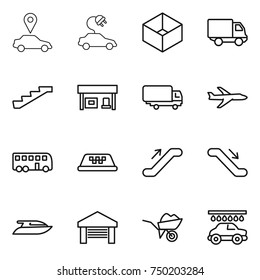 thin line icon set : car pointer, electric, box, delivery, stairs, gas station, shipping, plane, bus, taxi, escalator, yacht, garage, wheelbarrow, wash