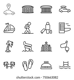 thin line icon set : car pointer, airport building, baggage, sail boat, tourist, passenger, hotel, palm, aquapark, golf, hammock, flip flops, service bell, pool