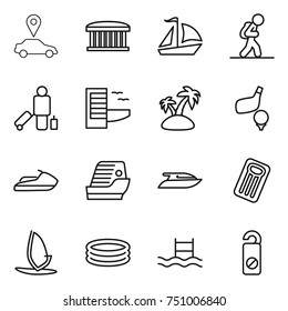 thin line icon set : car pointer, airport building, sail boat, tourist, passenger, hotel, island, golf, jet ski, cruise ship, yacht, inflatable mattress, windsurfing, pool, do not distrub