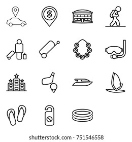 thin line icon set : car pointer, dollar pin, airport building, tourist, passenger, suitcase, hawaiian wreath, diving mask, hotel, golf, yacht, windsurfing, flip flops, do not distrub