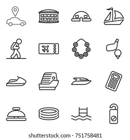 thin line icon set : car pointer, airport building, dome house, sail boat, tourist, ticket, hawaiian wreath, golf, jet ski, cruise ship, yacht, inflatable mattress, service bell, pool