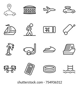 thin line icon set : car pointer, airport building, plane, baggage, sail boat, tourist, ticket, suitcase, palm, diving mask, jet ski, cruise ship, hammock, inflatable mattress, pool