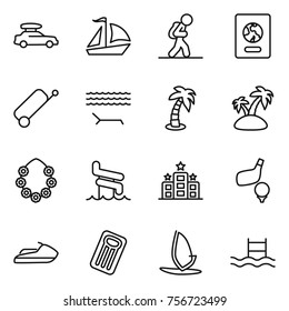 Thin line icon set : car baggage, sail boat, tourist, passport, suitcase, lounger, palm, island, hawaiian wreath, aquapark, hotel, golf, jet ski, inflatable mattress, windsurfing, pool