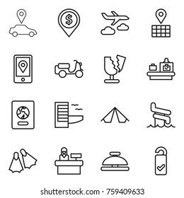 Thin line icon set : car pointer, dollar pin, journey, map, mobile location, scooter shipping, broken, baggage checking, passport, hotel, tent, aquapark, flippers, reception, service bell