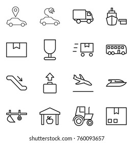 Thin line icon set : car pointer, electric, delivery, port, package box, fragile, fast deliver, bus, escalator, baggage, arrival, yacht, plow, warehouse, tractor