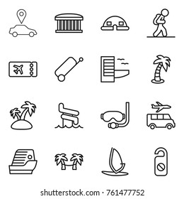 Thin line icon set : car pointer, airport building, dome house, tourist, ticket, suitcase, hotel, palm, island, aquapark, diving mask, transfer, cruise ship, hammock, windsurfing, do not distrub
