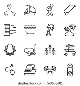 Thin line icon set : car pointer, sail boat, tourist, suitcase, hotel, lounger, palm, island, hawaiian wreath, diving mask, transfer, golf, cruise ship, hammock, do not distrub