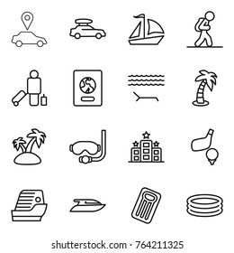 Thin line icon set : car pointer, baggage, sail boat, tourist, passenger, passport, lounger, palm, island, diving mask, hotel, golf, cruise ship, yacht, inflatable mattress, pool