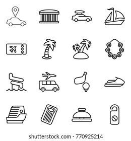 Thin line icon set : car pointer, airport building, baggage, sail boat, ticket, palm, island, hawaiian wreath, aquapark, transfer, golf, jet ski, cruise ship, inflatable mattress, service bell