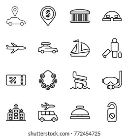 Thin line icon set : car pointer, dollar pin, airport building, dome house, plane, baggage, sail boat, passenger, ticket, hawaiian wreath, aquapark, diving mask, hotel, transfer, service bell